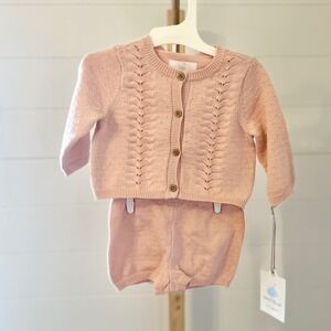 Baby Girl Pink Knit Cardigan Shorts Set Cable Knit Dot Detail Size 3M